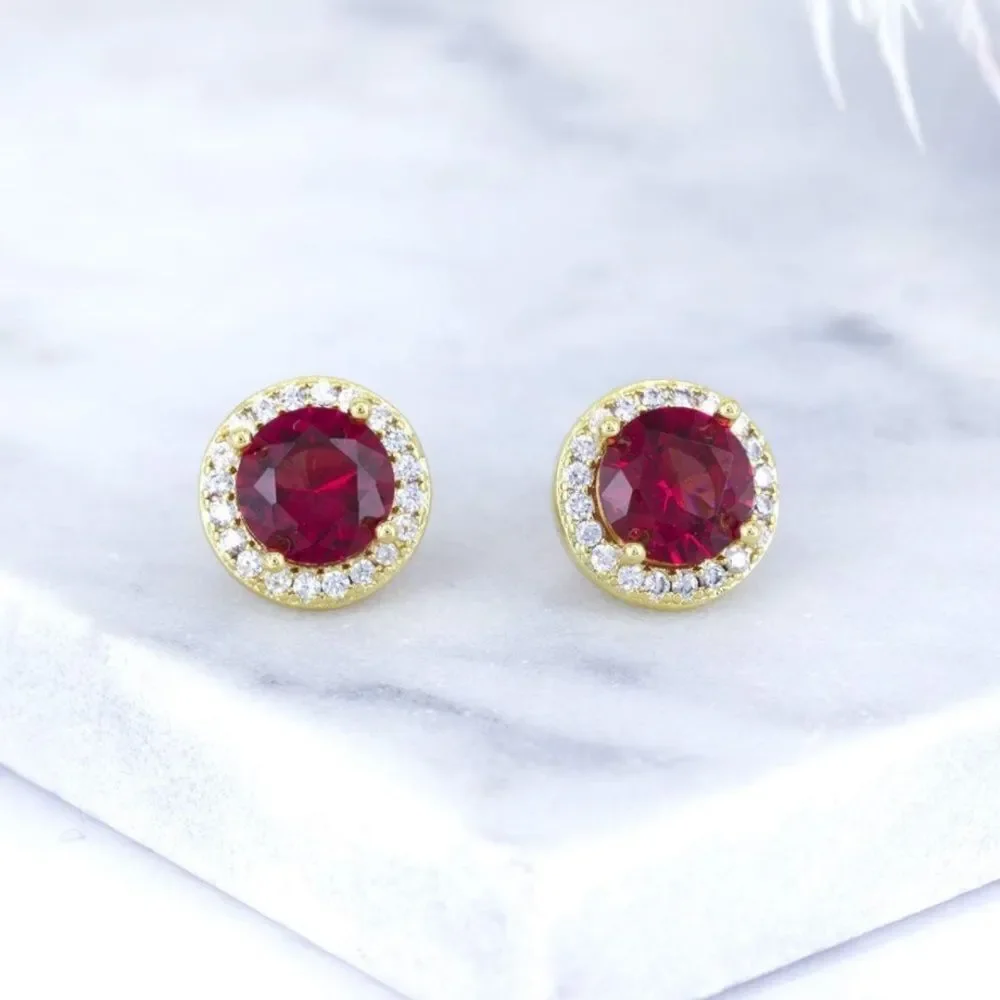 Yellow Gold with Ruby Red and Diamond Cubic Zirconia Round Stud Clip On Earrings